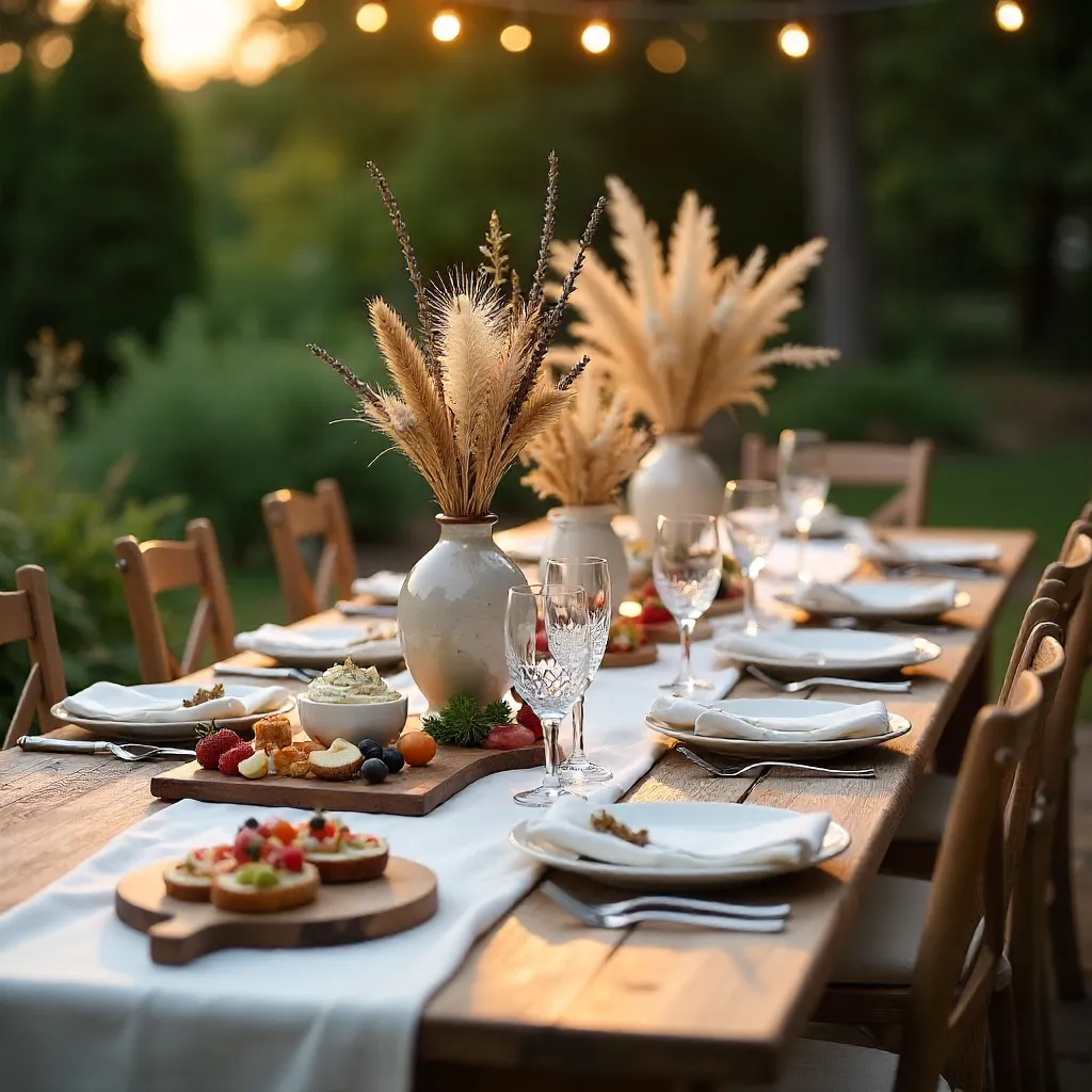 Elegant Outdoor Table Setting with Appetizers and Dried Florals