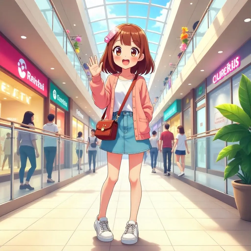 Cheerful Anime Girl in a Bright Shopping Mall