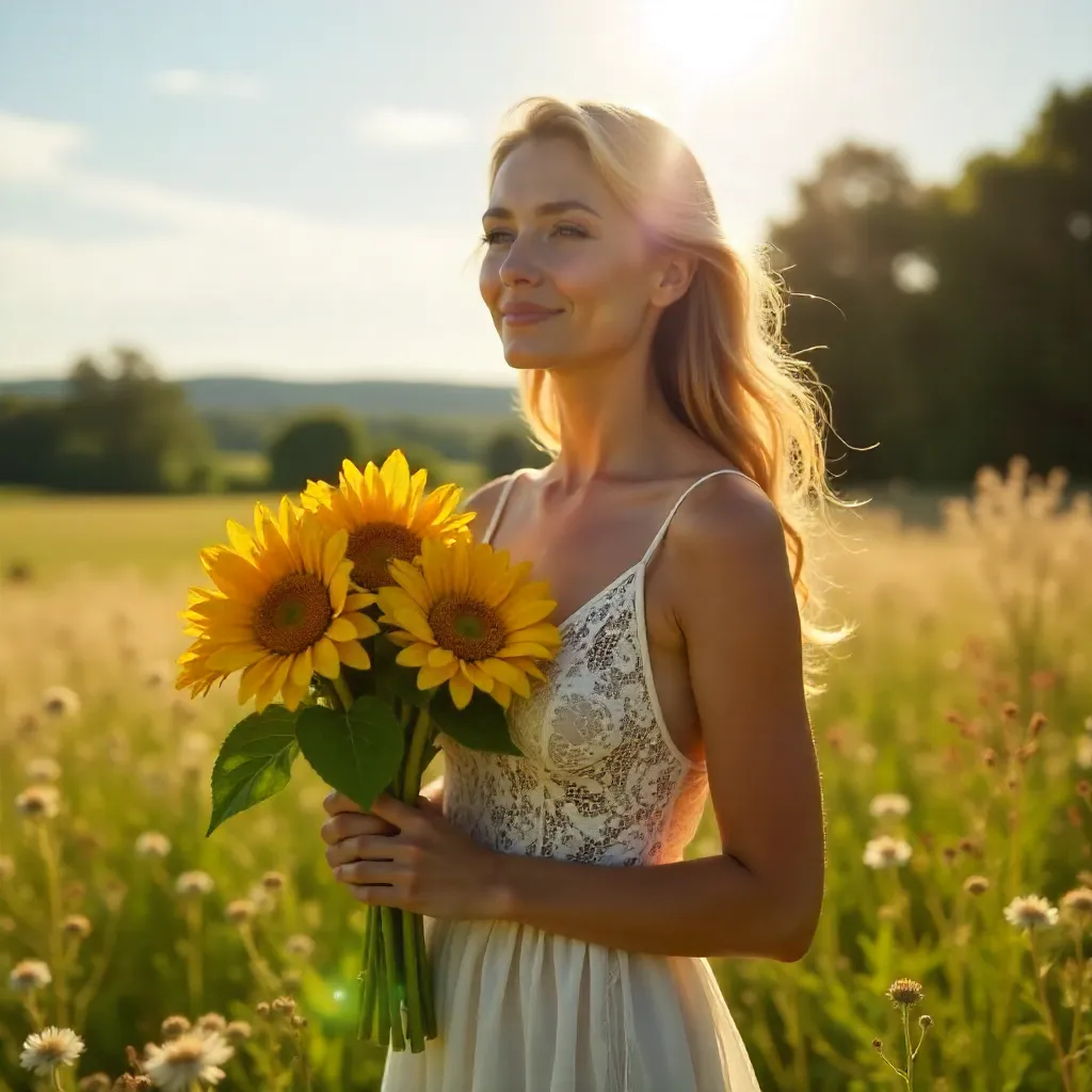 Sunlit Lace Dress in a Grassy Meadow