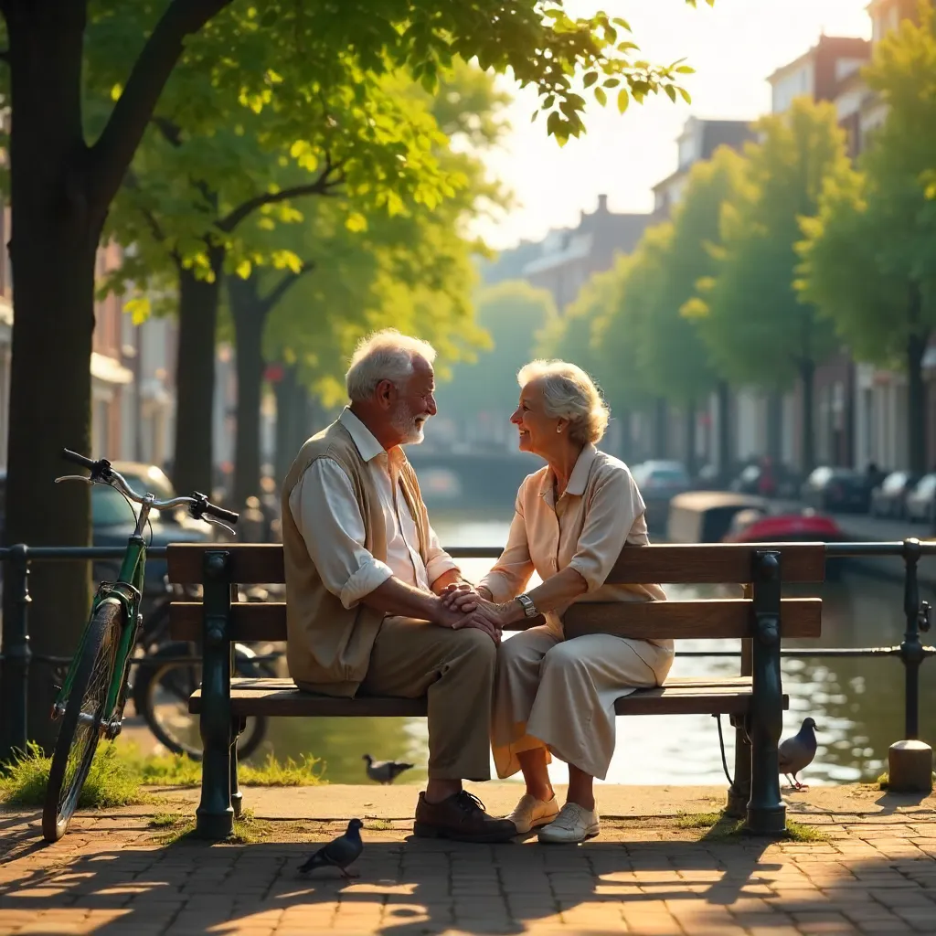 Sunlit Amsterdam Park Bench: Elderly Couple