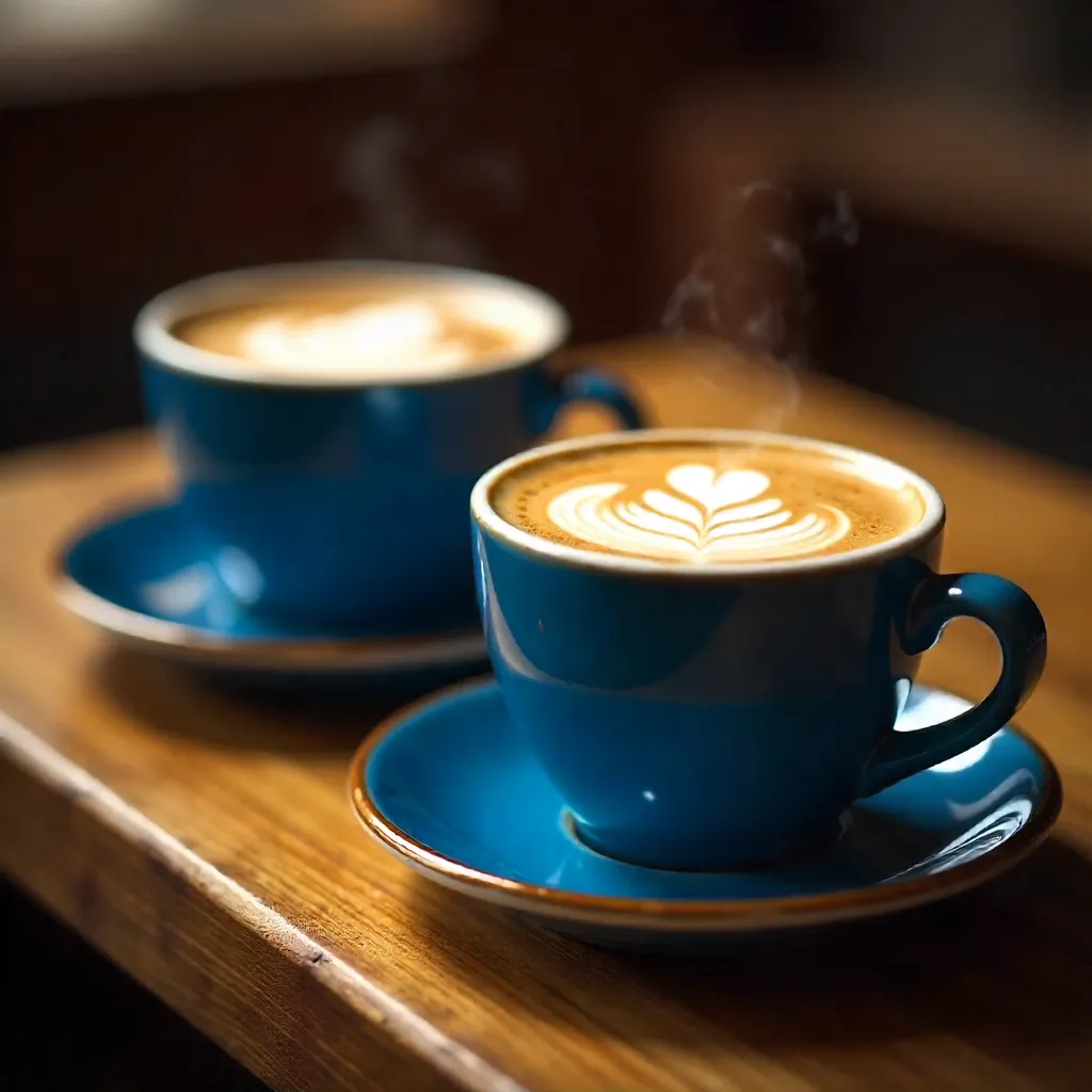 Two Blue Ceramic Cups with Intricate Latte Art