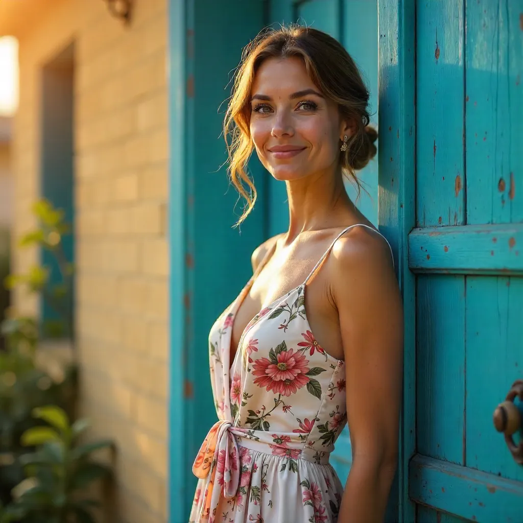 Elegant Woman in Floral Dress by Sunlit Blue Door
