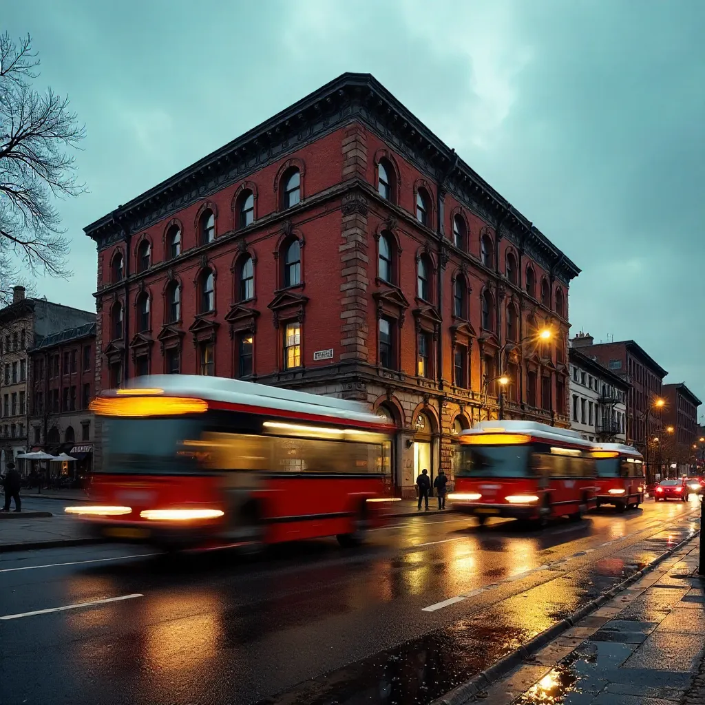 Blurred Buses by a Historic Brick Building