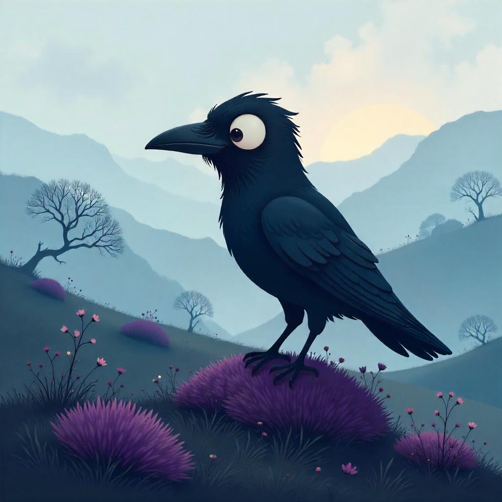 Raven on a Foggy Moor in Cartoon Style