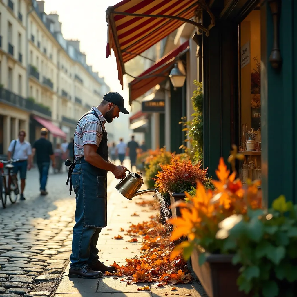 Autumn Gardener by a Paris Shopfront