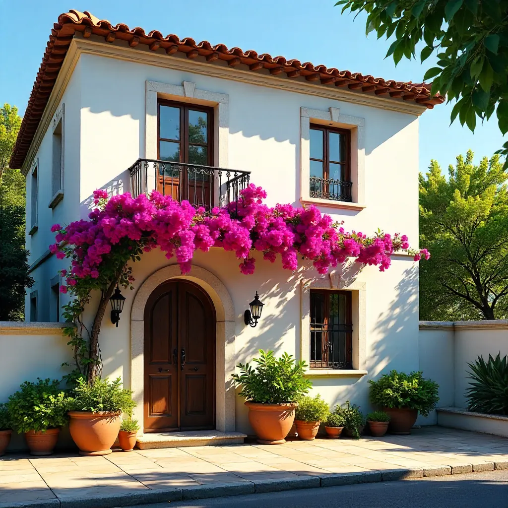 Sunlit Mediterranean Villa Facade with Bougainvillea
