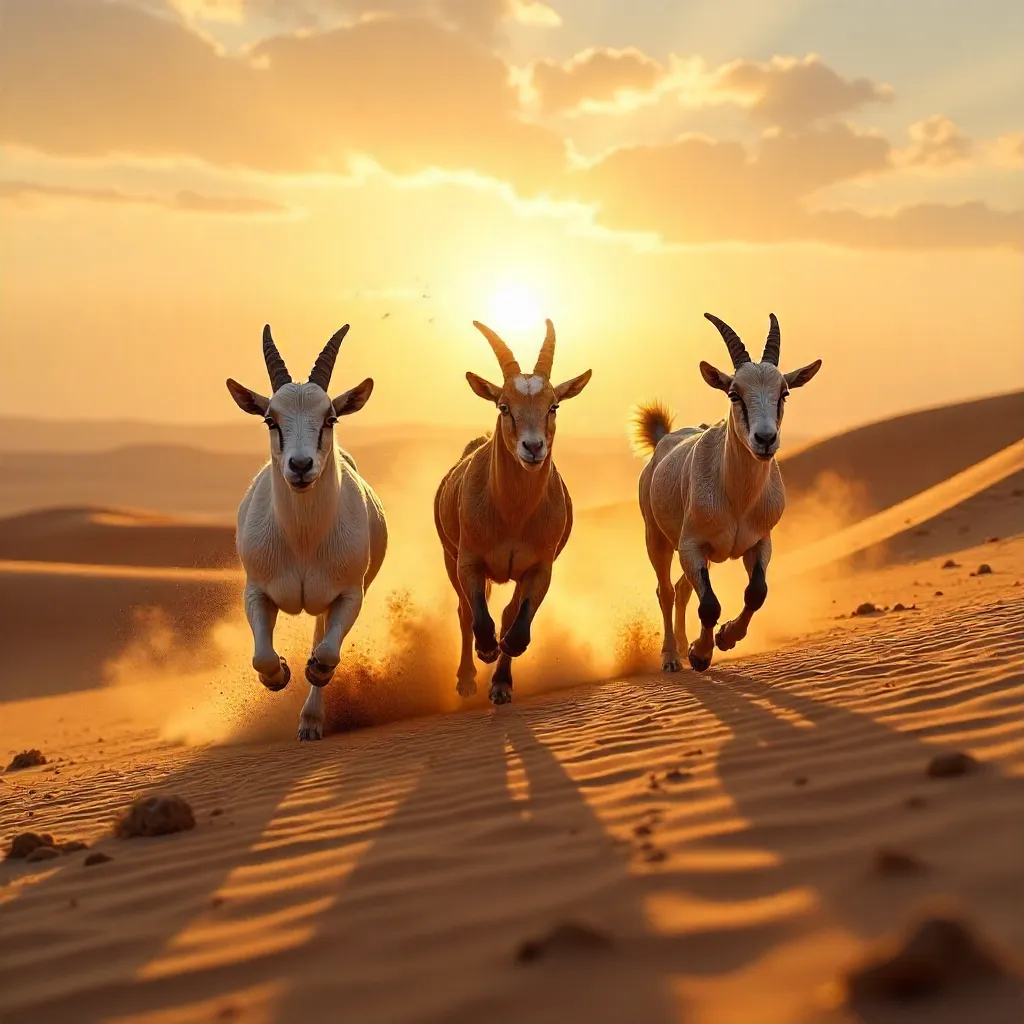 Sunrise Chase: Three Goats Across Umman Dunes