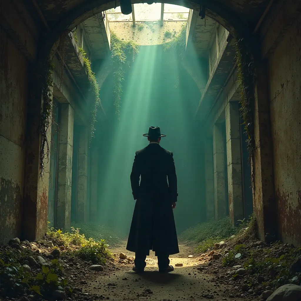 Dramatic Man in Coat and Hat Among Ivy-Covered Ruins