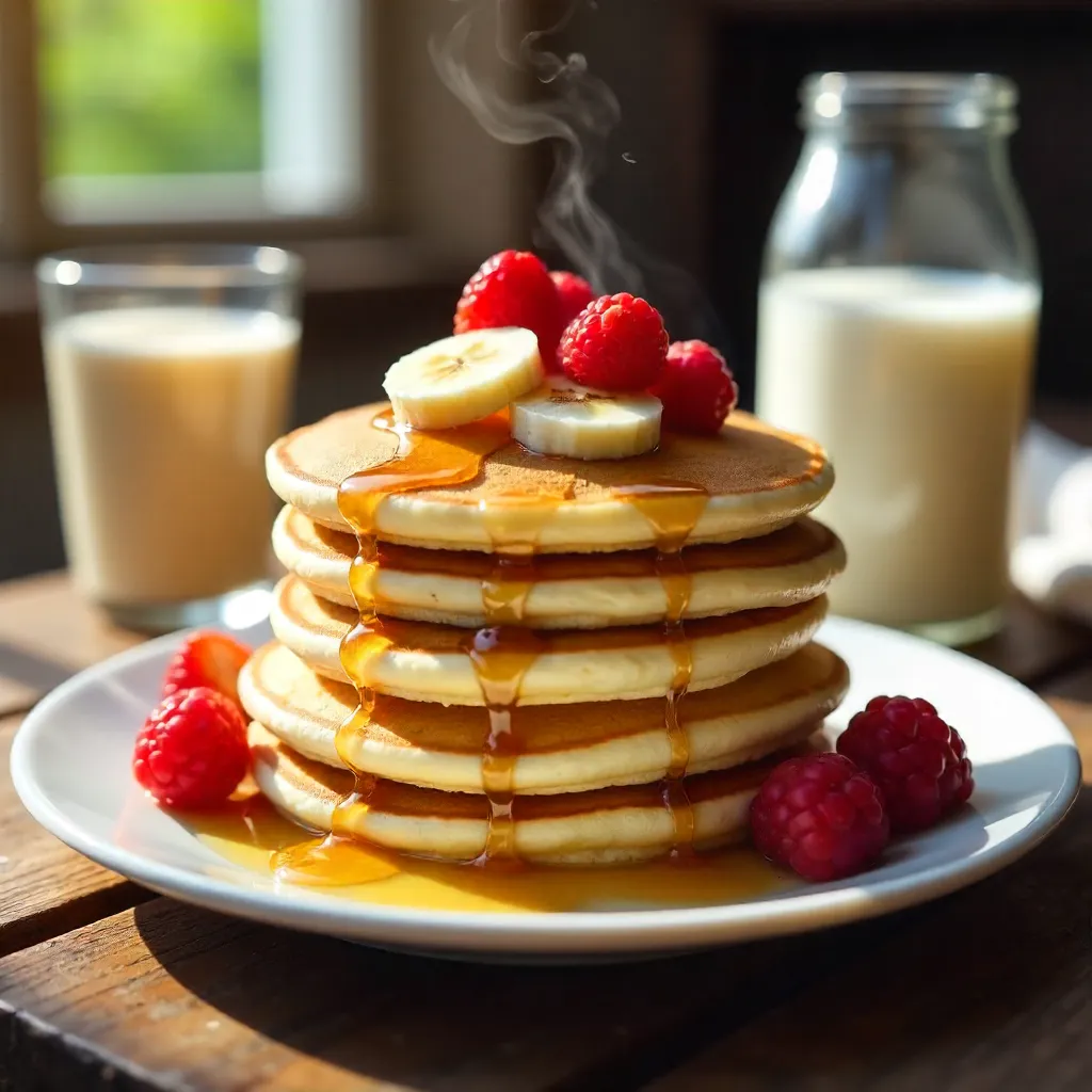 Golden Pancake Stack with Berries and Milk