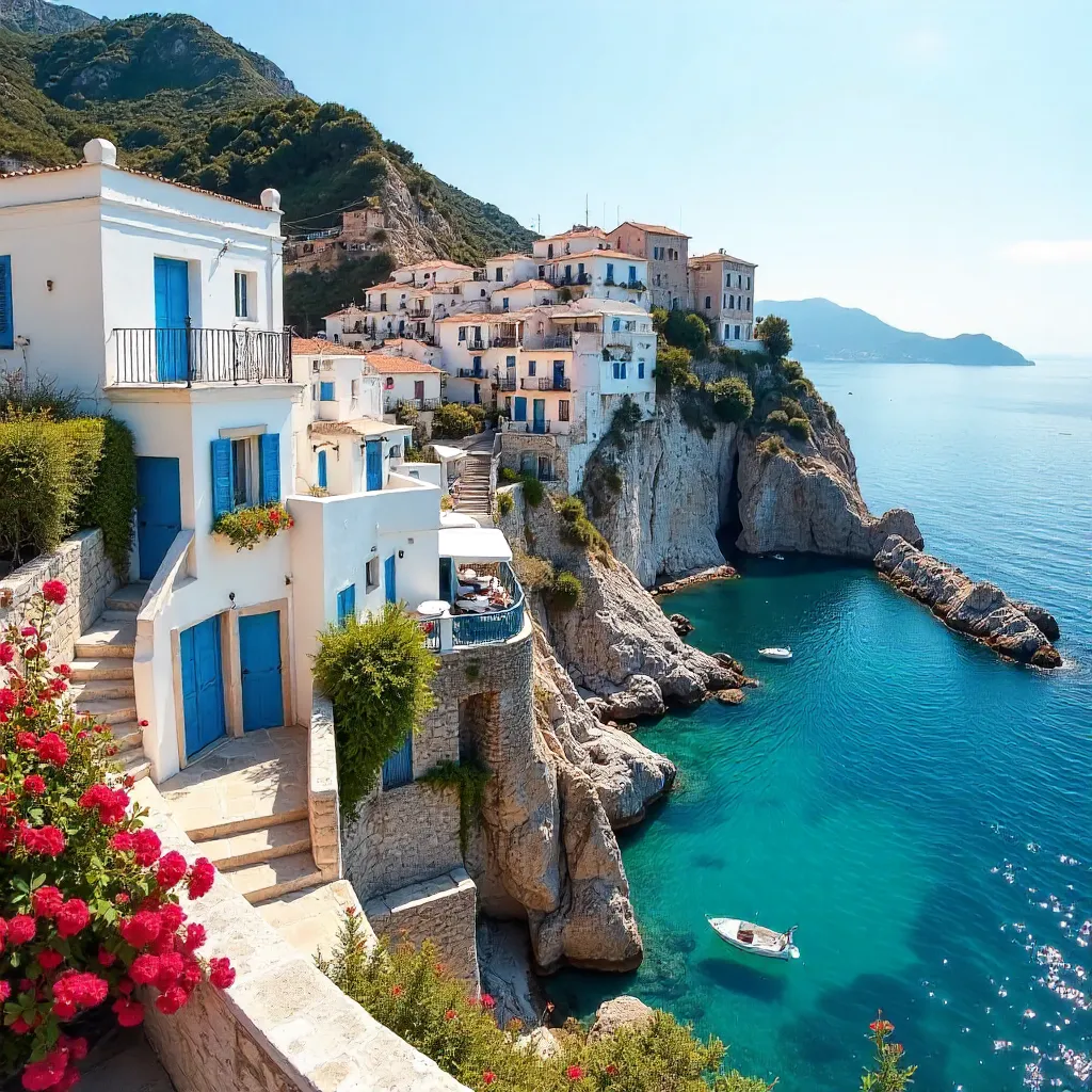 Stunning Corfu Coastal Buildings Under a Clear Blue Sky