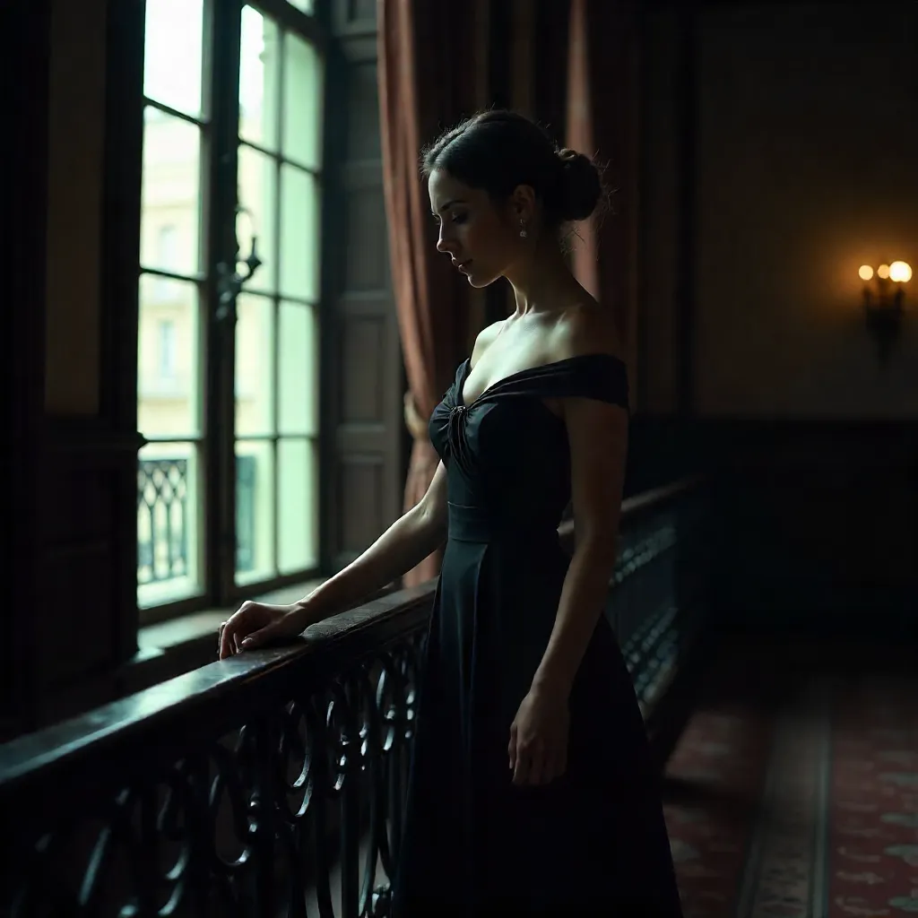 Pensive Woman by Indoor Railing in a Black Dress