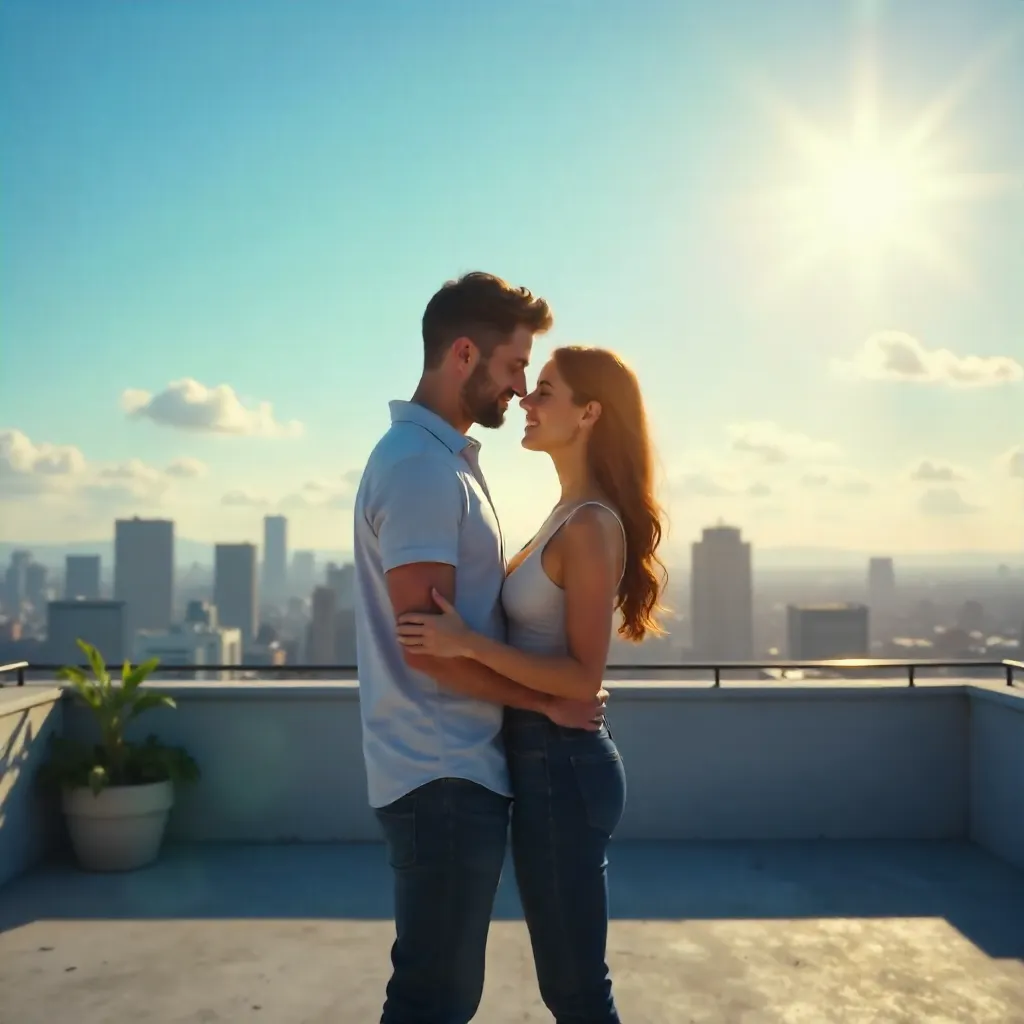 Rooftop Embrace Under a Clear Blue Sky