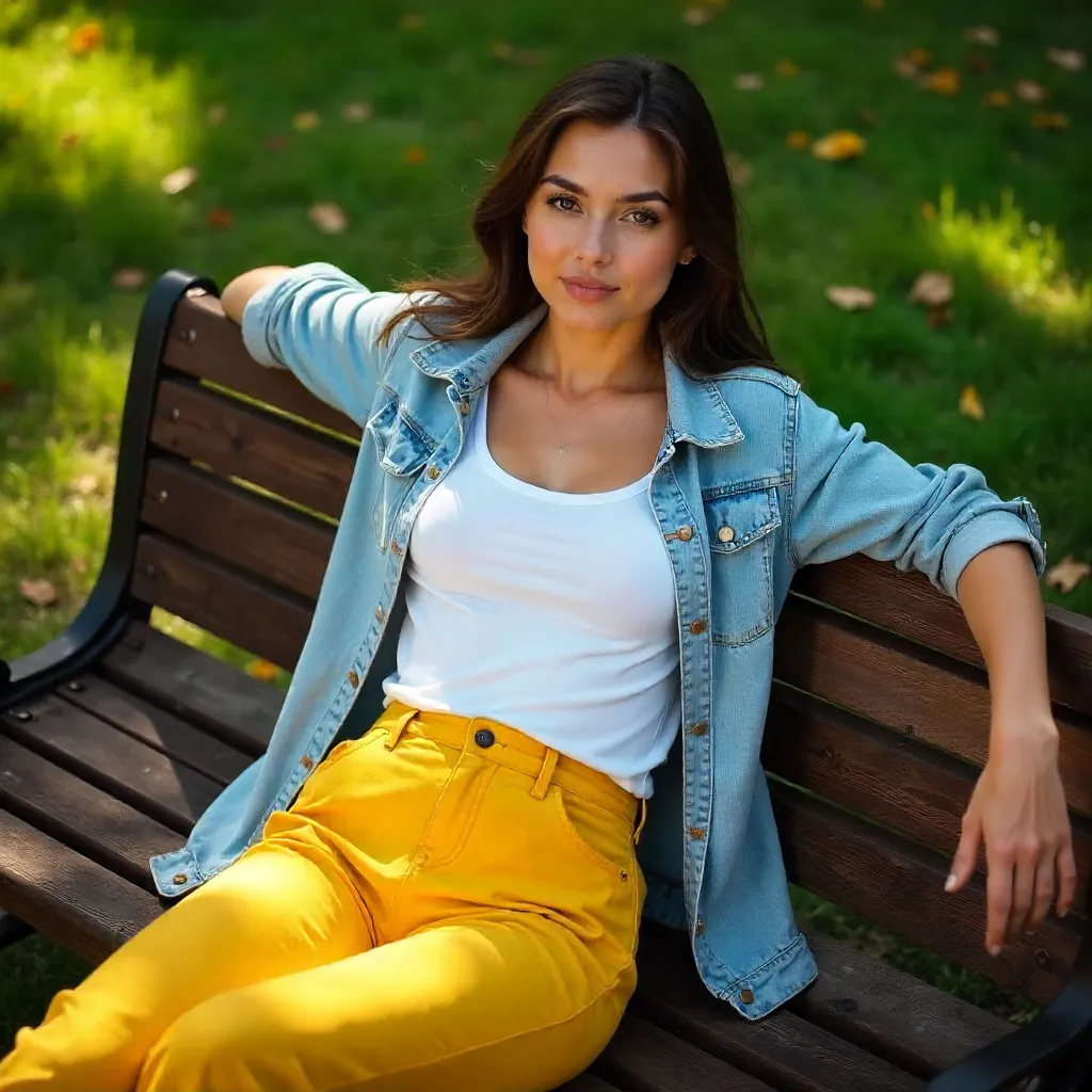 Aerial View of a Woman in Yellow Pants on a Park Bench
