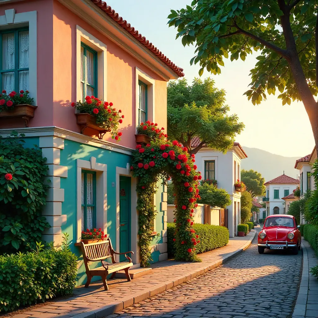Serene Street Scene with Colorful House and Red Car