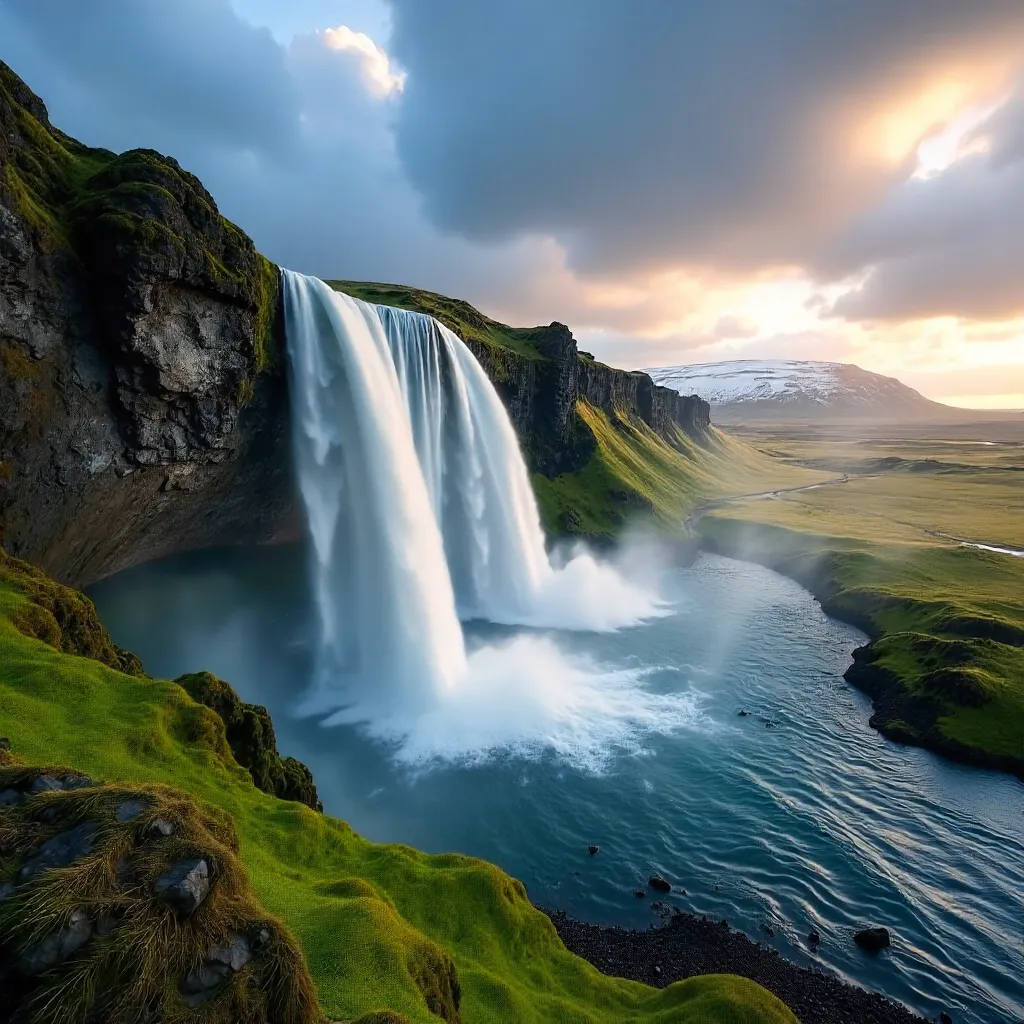 Icy Icelandic Waterfall Cascading Over Jagged Cliffs