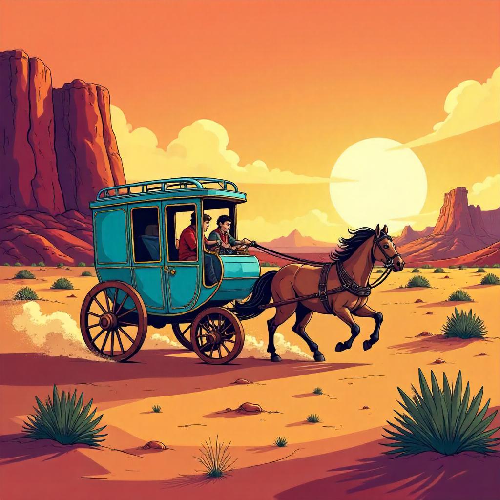 Whimsical Carriage Crossing the Badlands at Sunset
