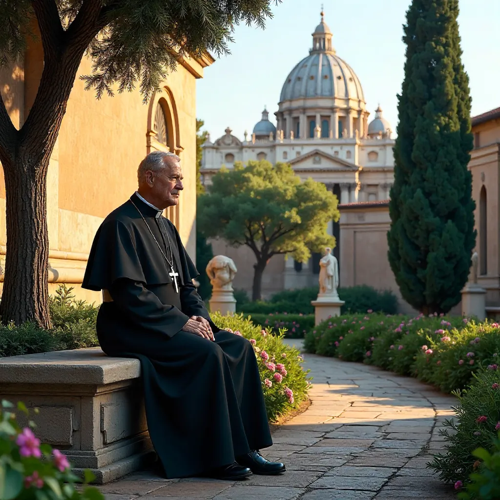 Priest in Vatican Garden with St. Peter's Basilica
