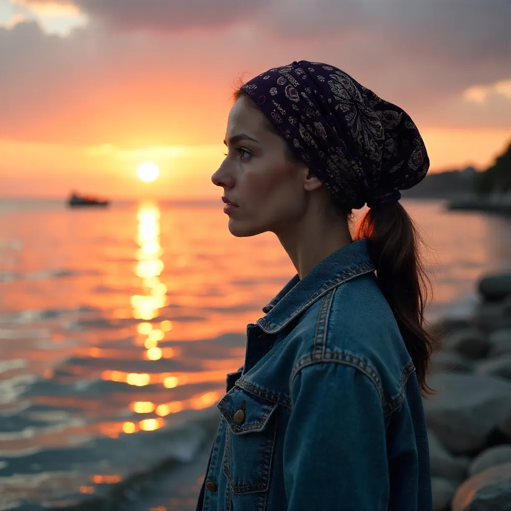 Sunset Reflections: Thoughtful Woman by the Water