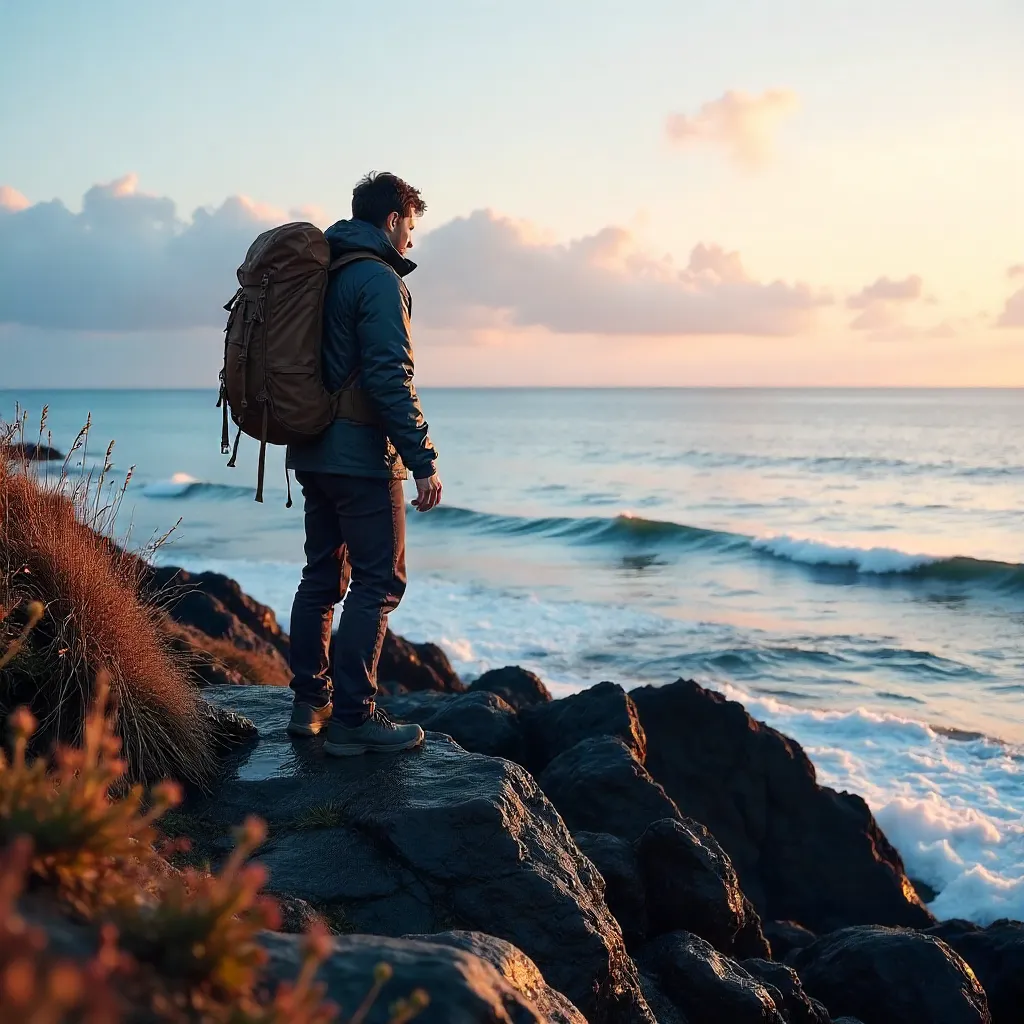 Lone Hiker on a Rocky Shore by a Serene Sea
