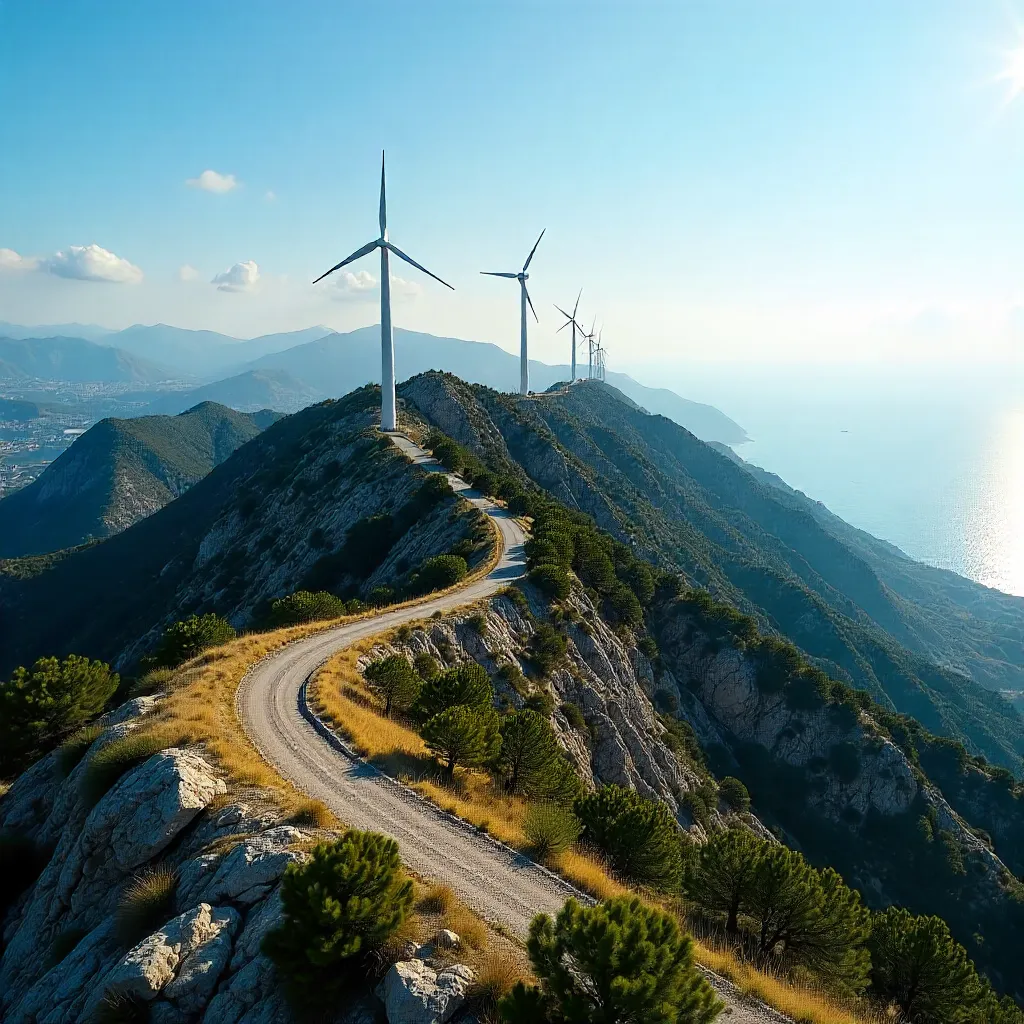 Aerial Wind Turbines on İzmir Mountains under Clear Skies