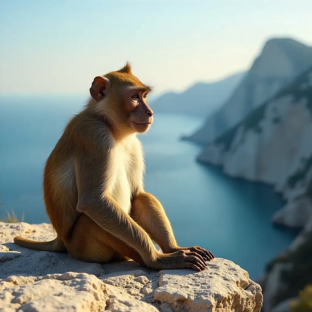 Sunlit Barbary Macaque on Gibraltar Rock