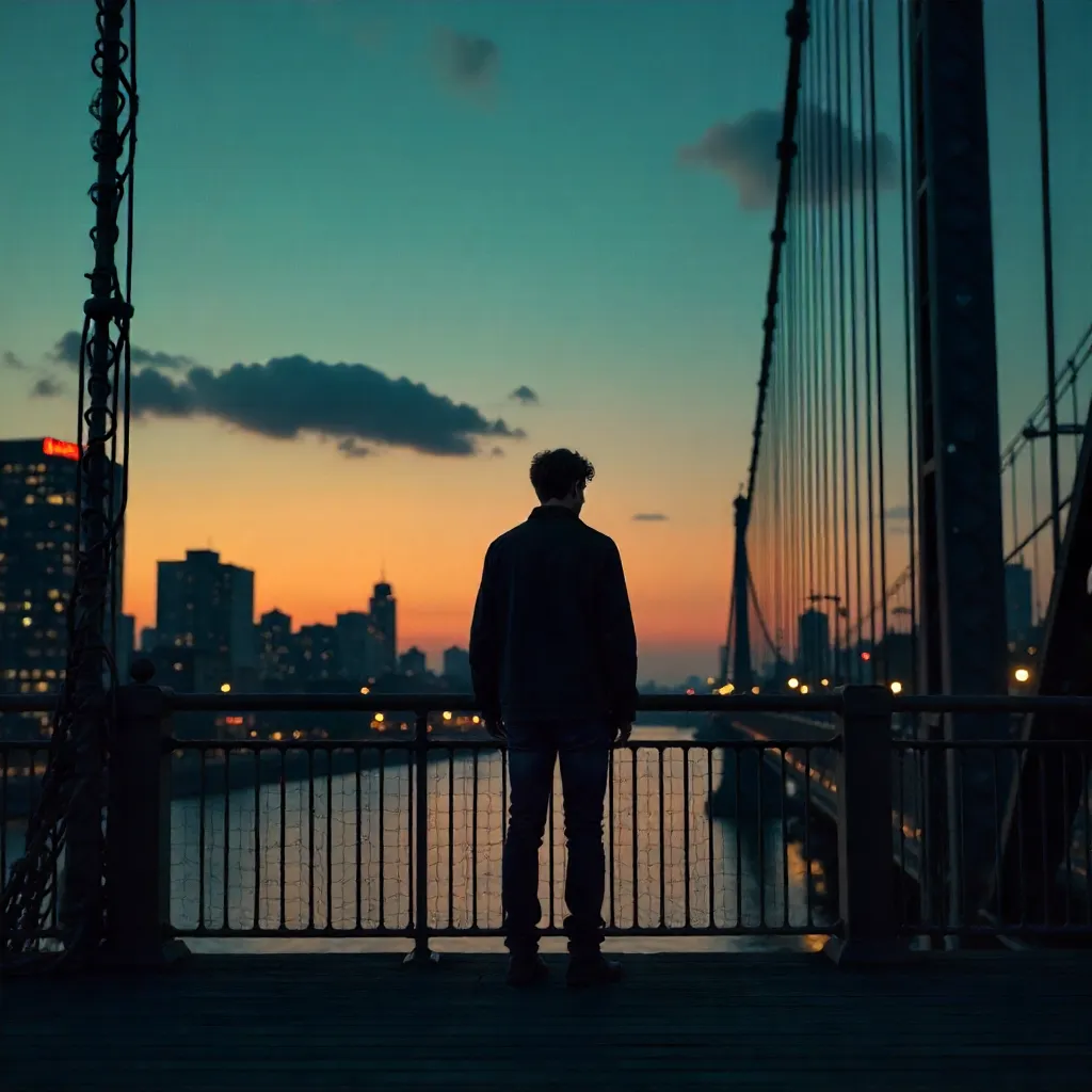 Solitary Silhouette on a Twilight City Bridge