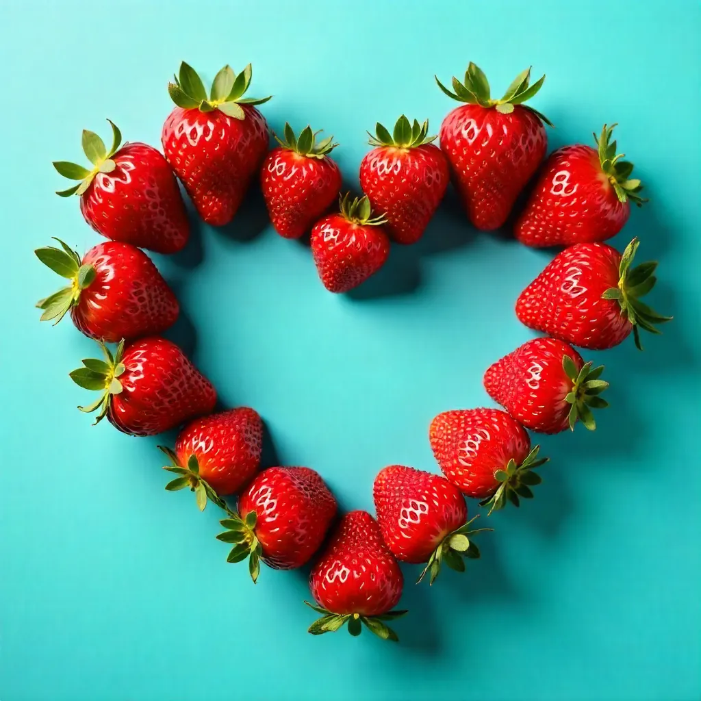 Heart of Fresh Red Strawberries on Turquoise