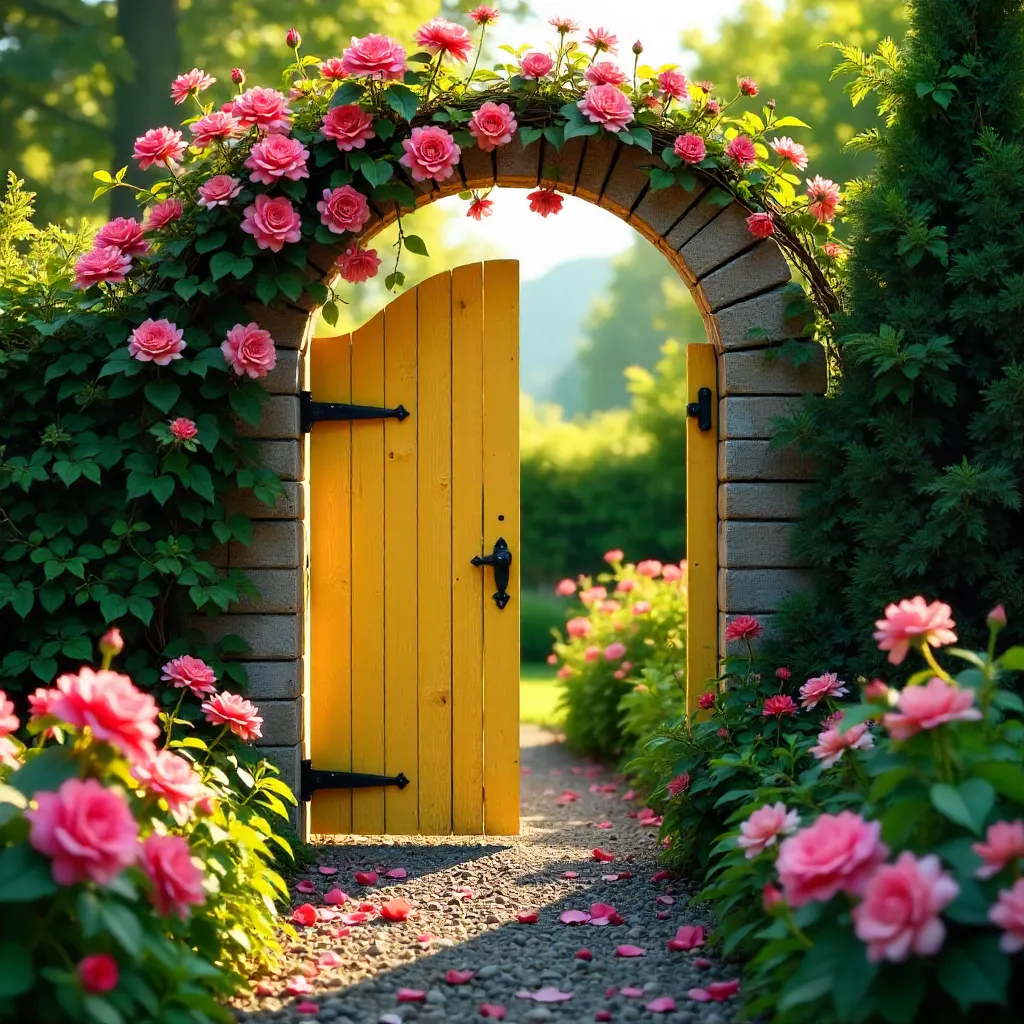 Sunlit Yellow Gate Framed by Pink Blooms