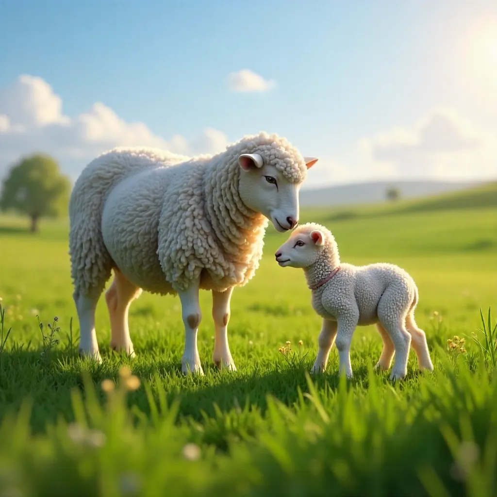 Nurturing Ewe and Lamb on a Lush Meadow