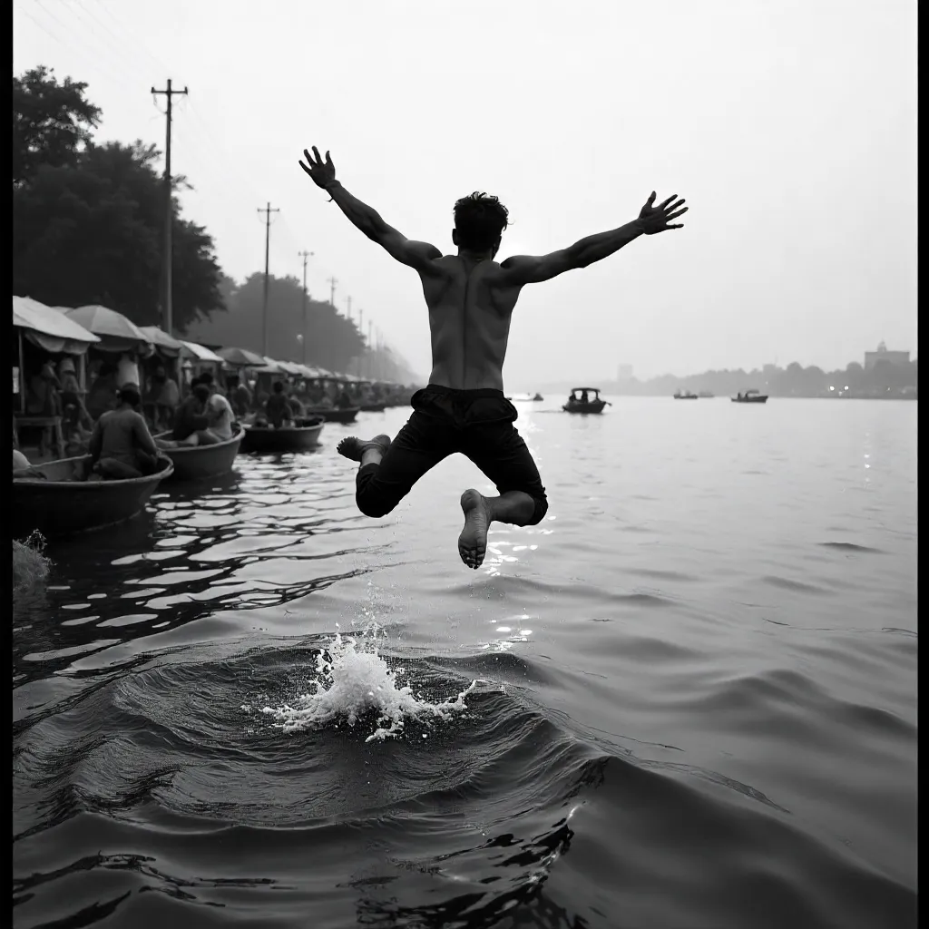 Mid-Air Leap into Dhaka River in Black and White