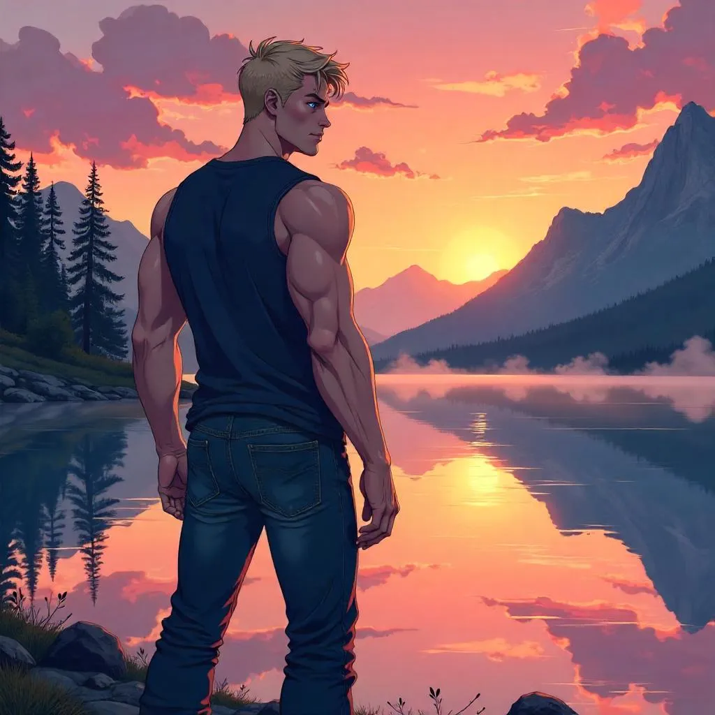 Strong White Man by a Lake in Anime Style
