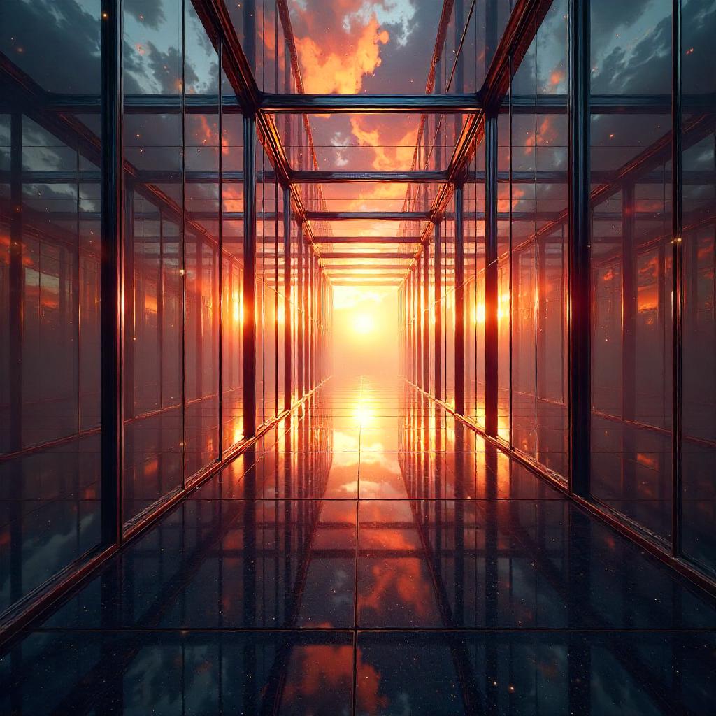 Sunset Reflections in a Glass Mirror Maze