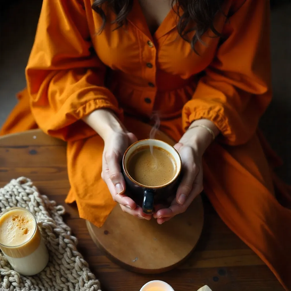 Top-Down Cozy Orange Dress with Coffee