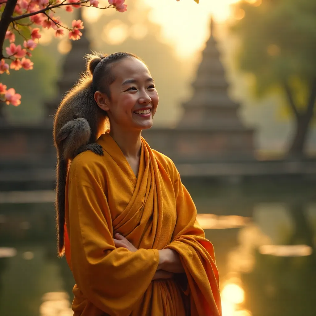 Joyful Female Monk in Kushinagar with Langur