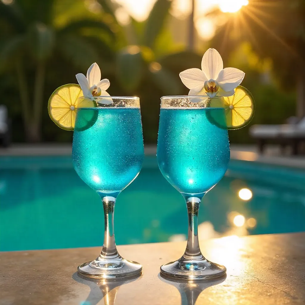 Two Blue Cocktails by a Sunlit Poolside