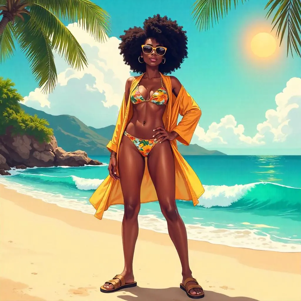 Stylish Black Woman on Beach in Anime Style