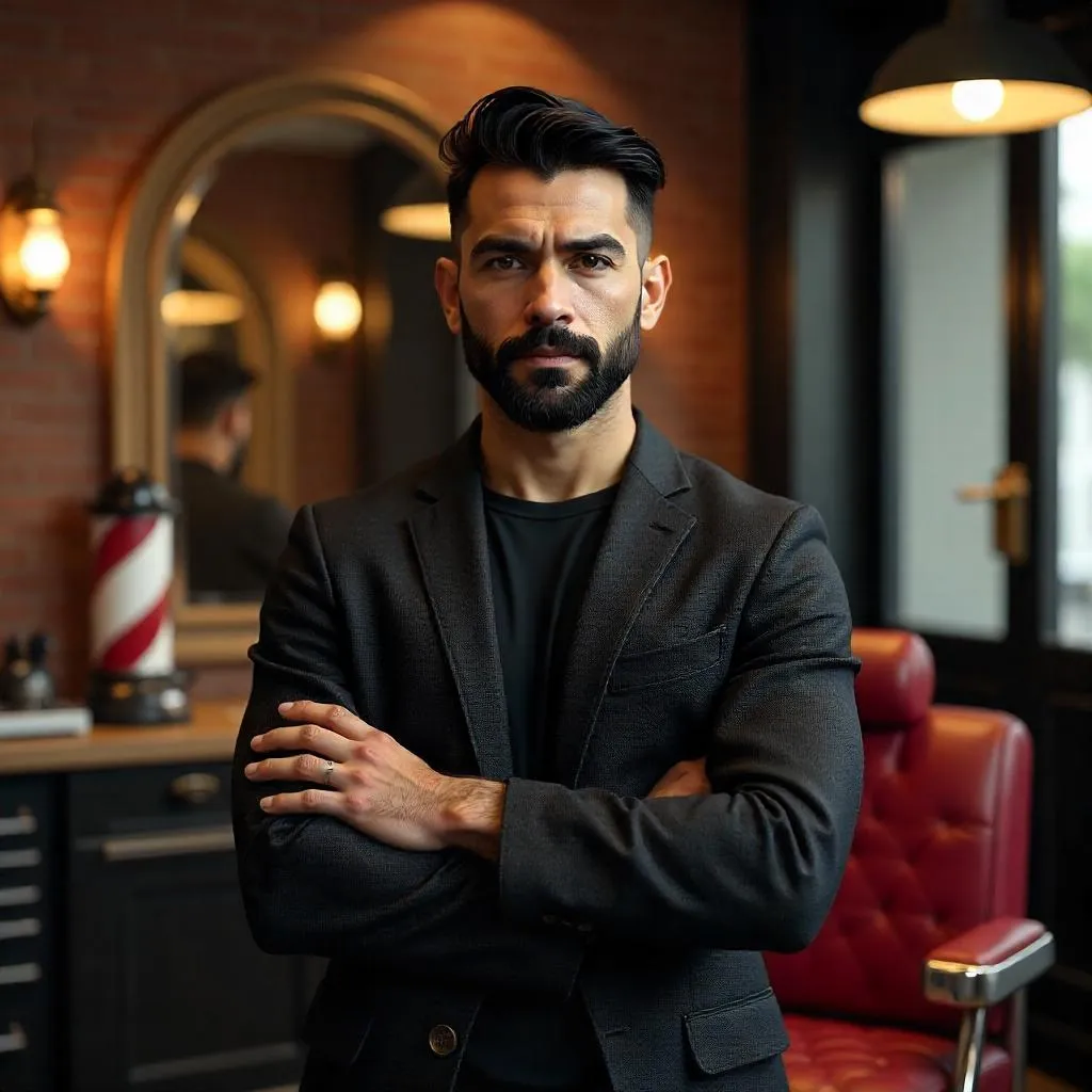 Confident Latino Man in a Modern Barber Shop