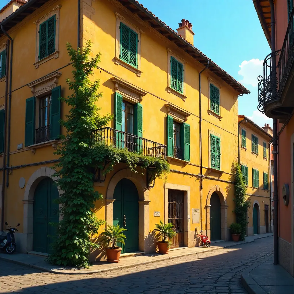 Golden Roman Corner with Ivy on Yellow Facade