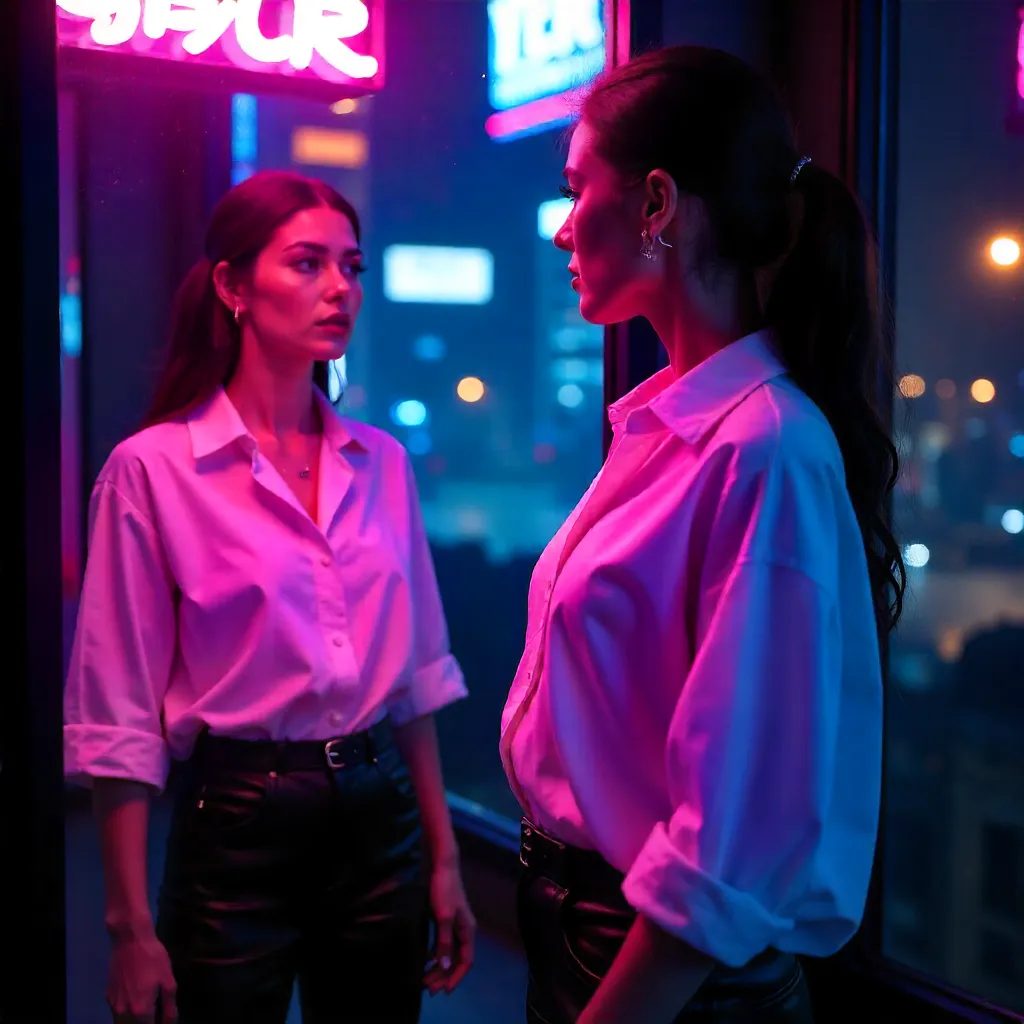 Neon Reflections: Urban Chic in a White Shirt