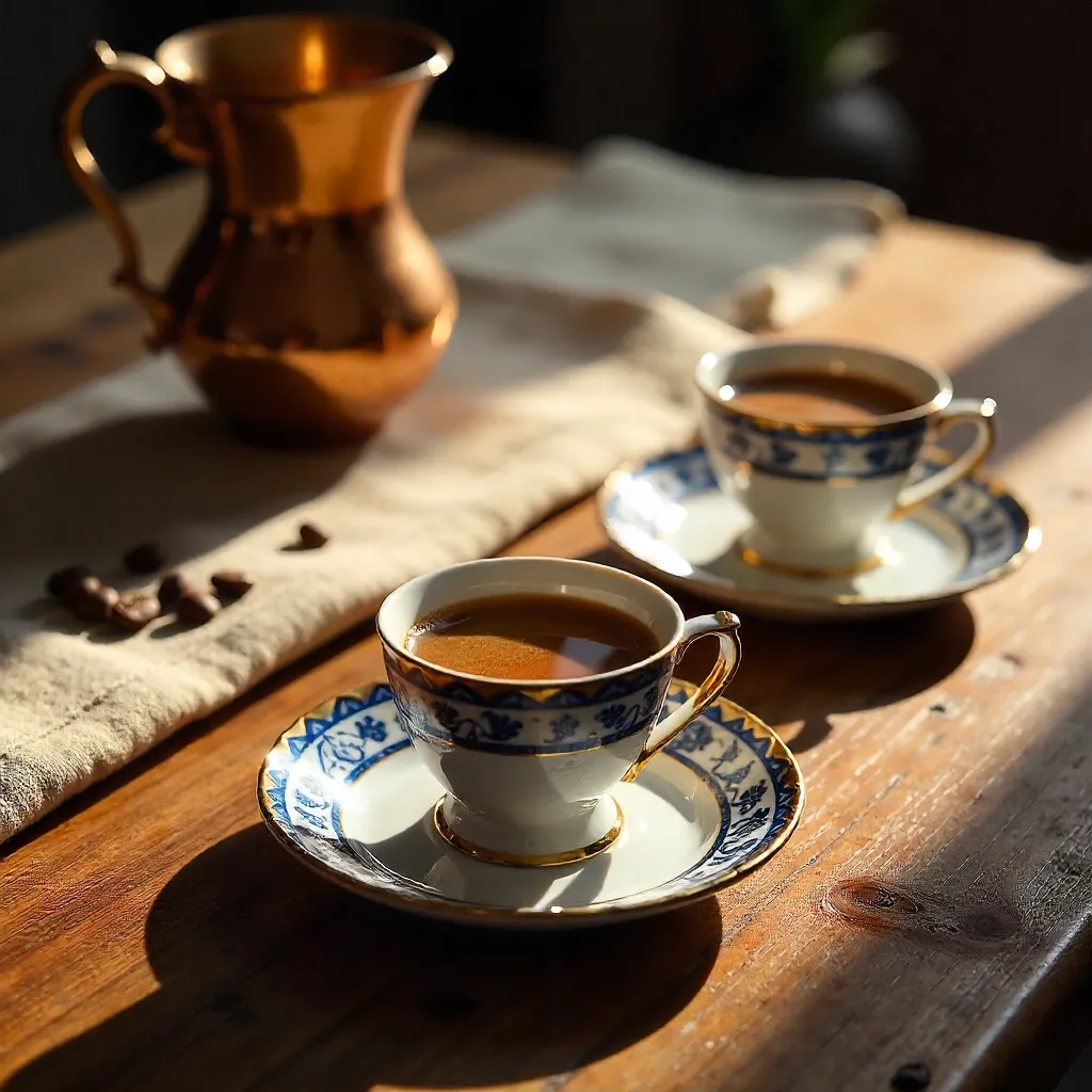 Three Turkish Coffee Cups from Above in Warm Setting