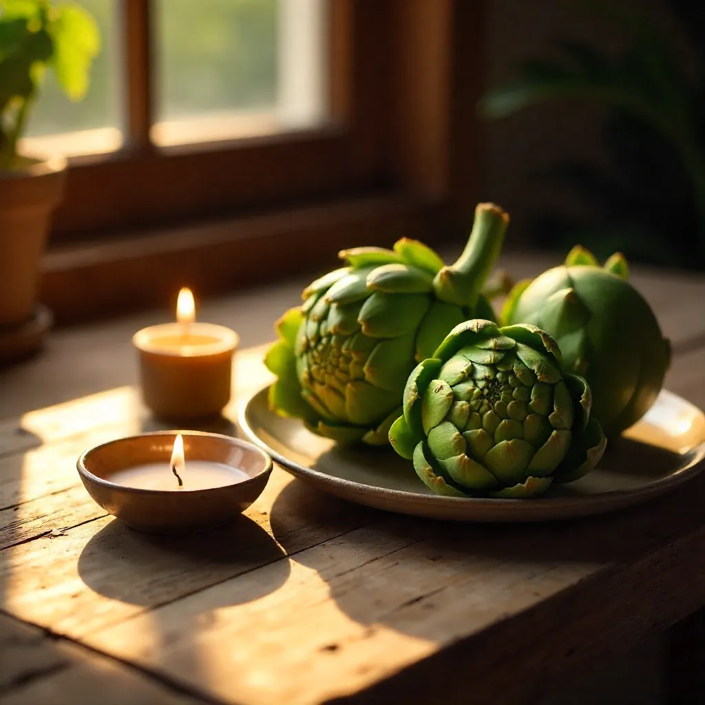 Golden Hour on a Rustic Table with Artichokes