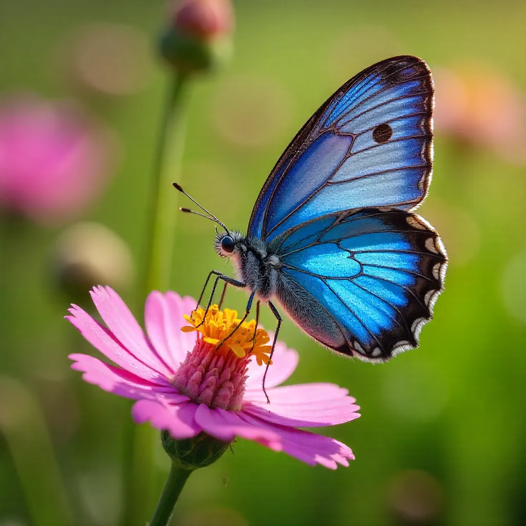 Blue Butterfly on Pink Wildflower: Macro Close-Up