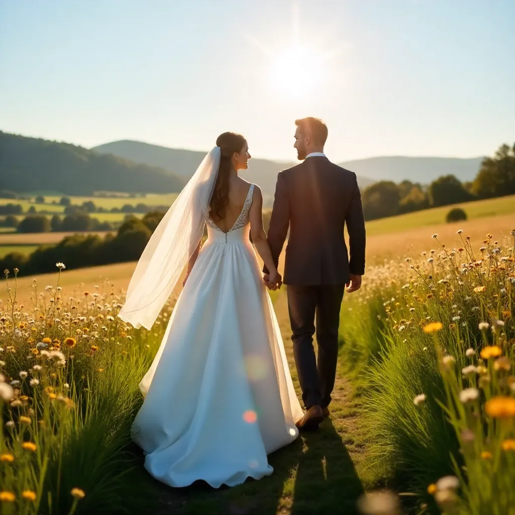 Sunlit Stroll: Bride and Groom in a Radiant Landscape