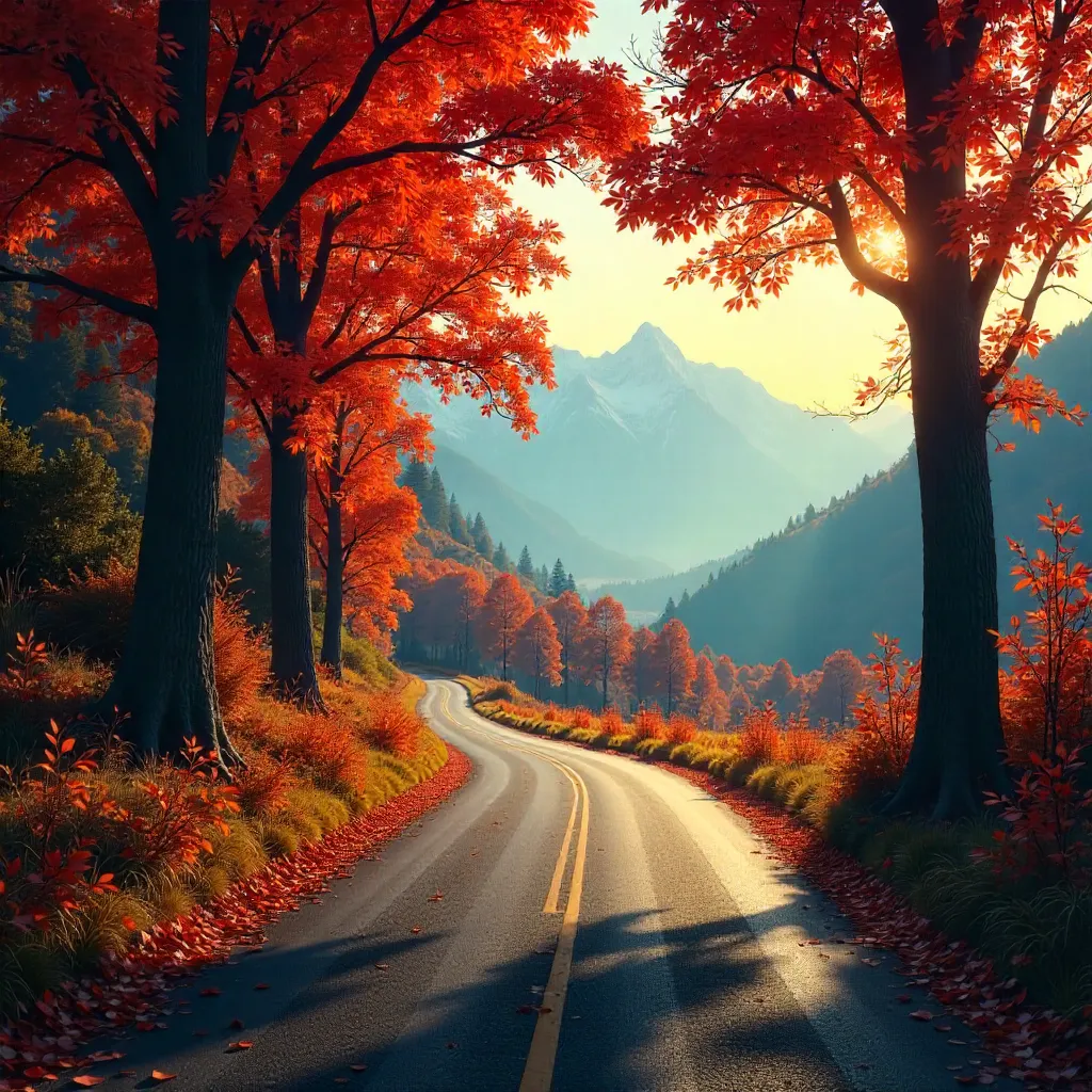 Autumn Road Framing Distant Blue Mountains