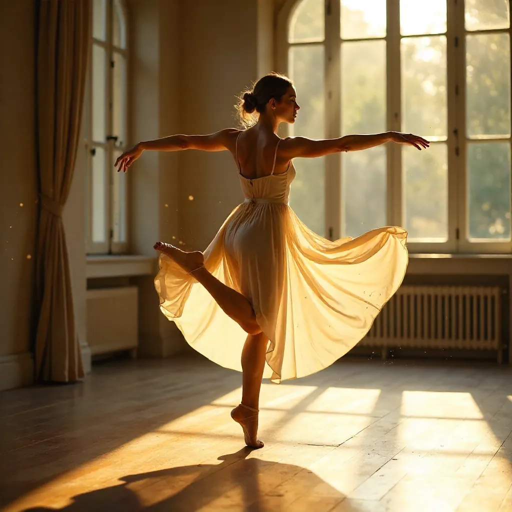 Sunlit Room Ballet: Fluid Grace in Golden Light