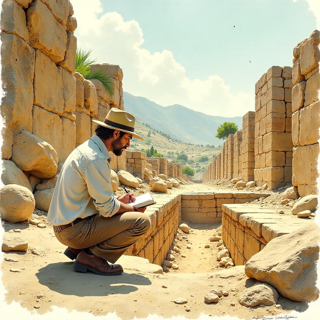 Watercolor Scholar in an Ancient Archaeological Site