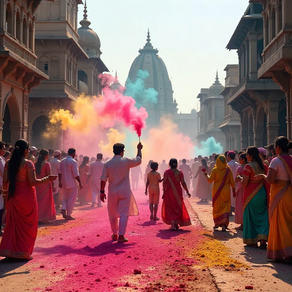 Vibrant Holi in Vrindavan: Colorful Powder Celebration
