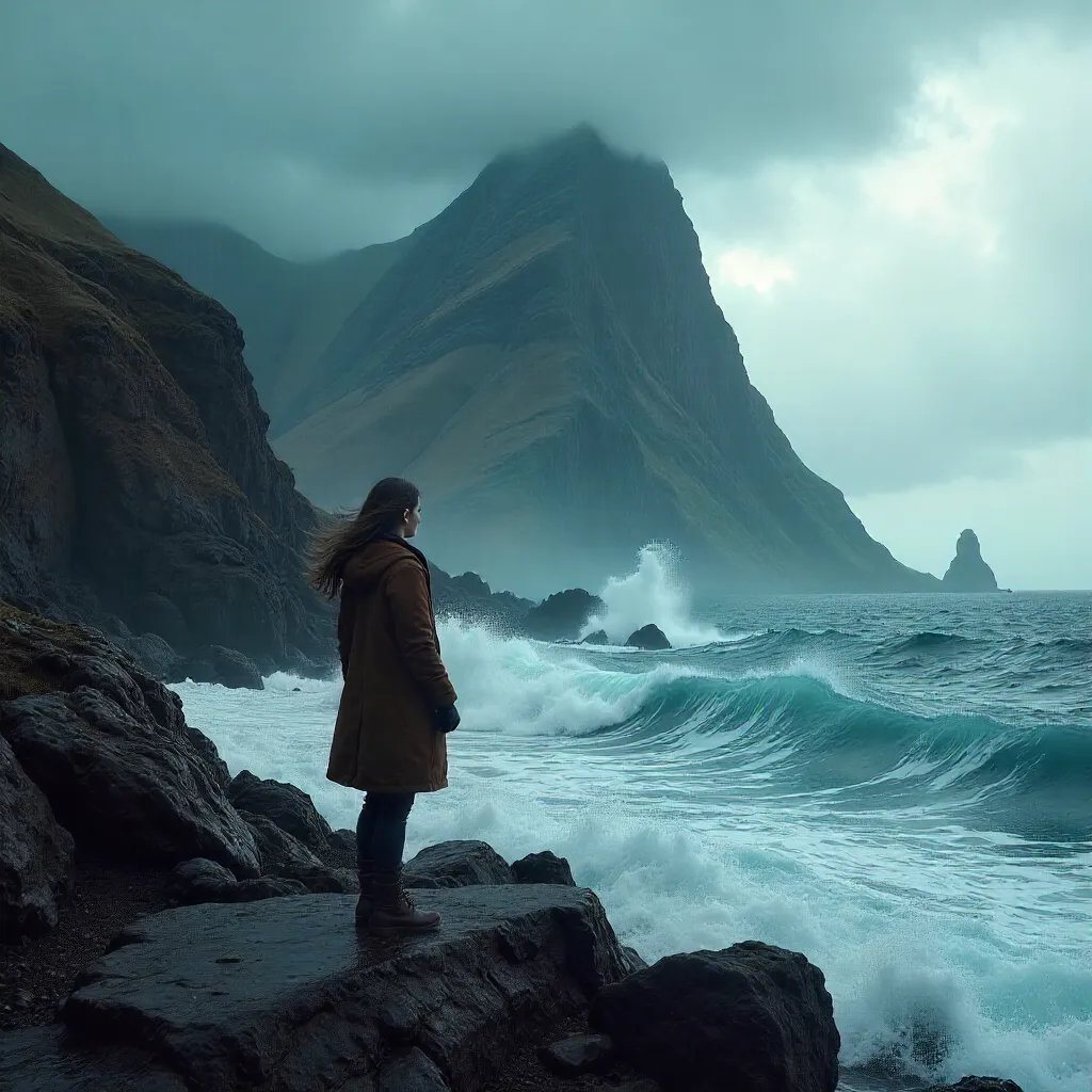 Woman by the Ocean Beneath a Mountain and Clouds