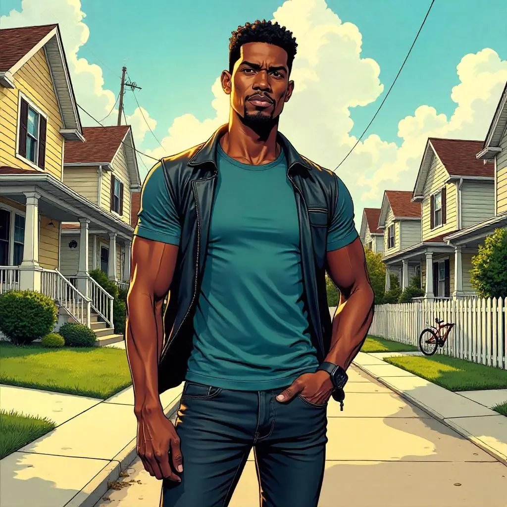 Handsome Black Hero in a Suburban Comicscape