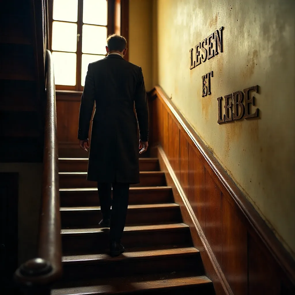 Lone Figure Ascends Wooden Stairs: Text in Focus